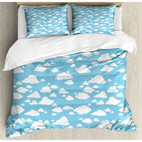 Blue Duvet Cover Set Queen Size, Clear Summer Sky Pattern with Clouds Dotted Background Cartoon Style Kids Design, Decorative 3 Piece Bedding Set with 2 Pillow Shams, Sky Blue White, by Ambesonne