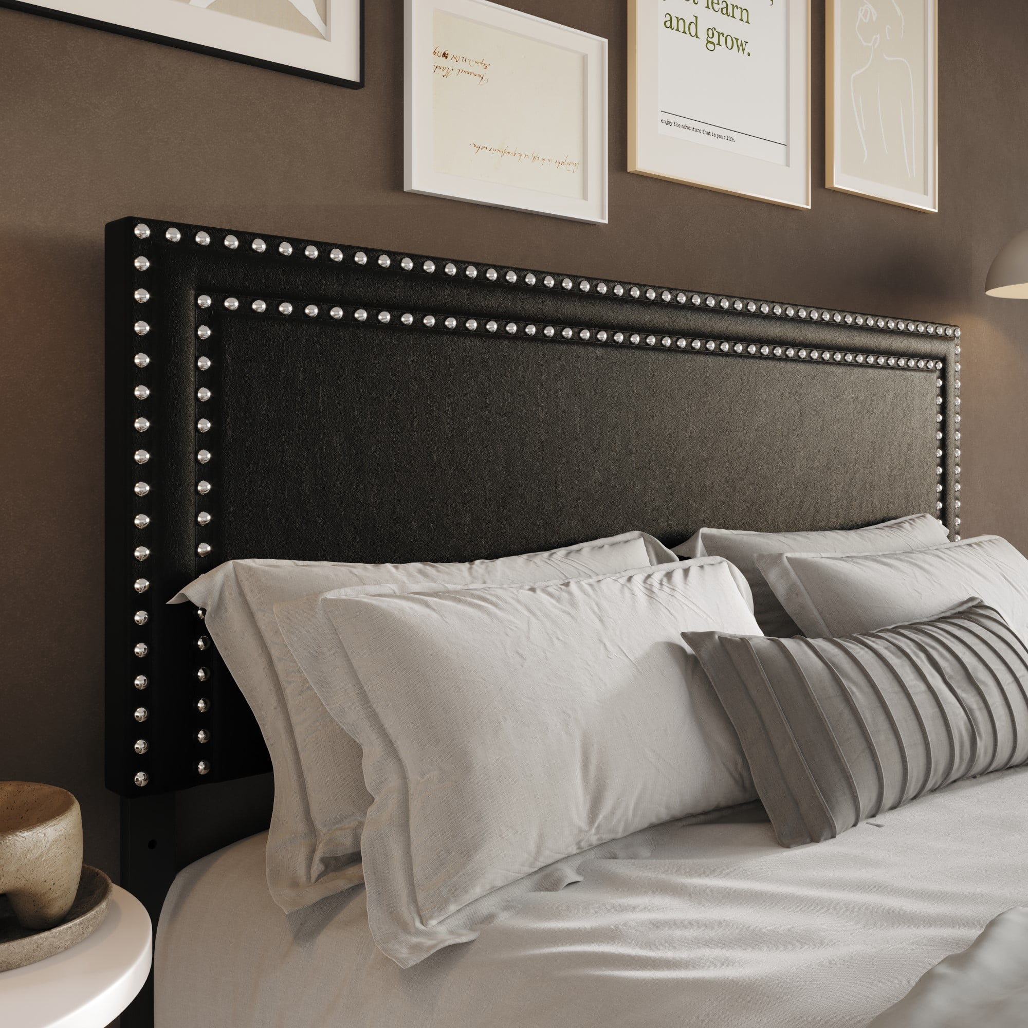 Home Design Sarasota Twin Upholstered Headboard with Double Nailhead Trim and Foam Padding, Black, Easy Assembly