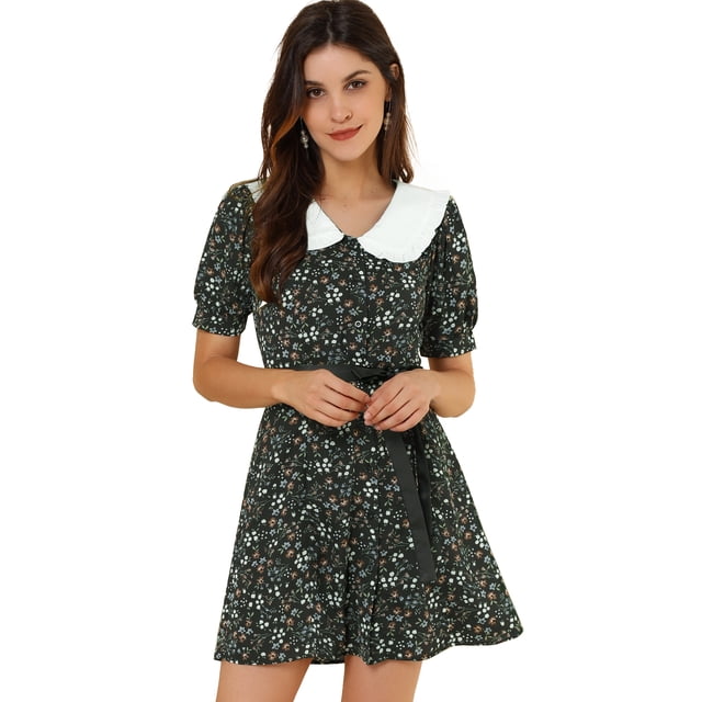INSPIRE CHIC Junior's Peter Pan Collar Short Sleeve Floral Mini Dress