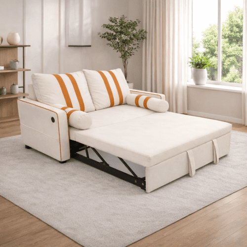 68.5 Inch Beige 2-Seater Pull Out Sleeper Sofa Bed with USB Charging Port, 3-Position Adjustable Backrest Convertible Loveseat for Living Room, Guest Room, Apartment