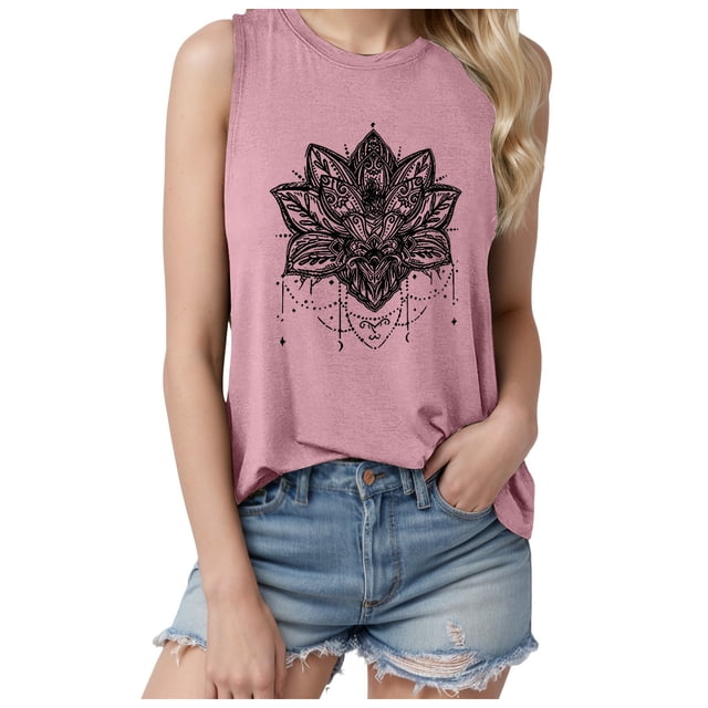 WEIYLL Womens T-Shirts Personality Print Crew Neck Sleeveless Tank Summer Rose Gold Blouse Sizes L