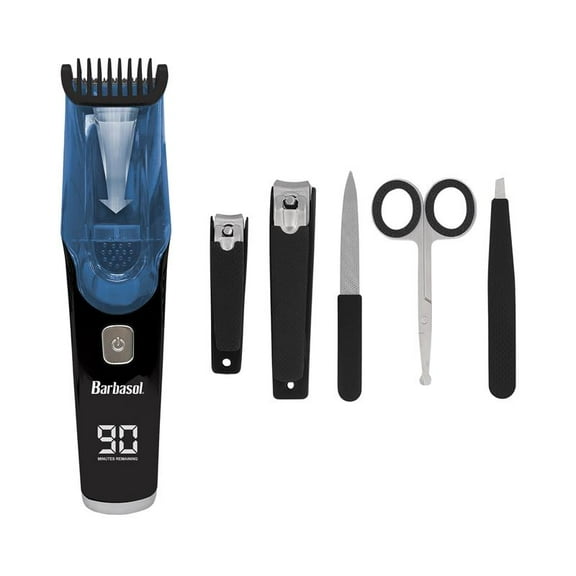 Barbasol Men’s Grooming Gift Set – Rechargeable Vacuum Beard Trimmer with Stainless Steel Blades & 6-Piece Deluxe Non-Slip Grooming Kit