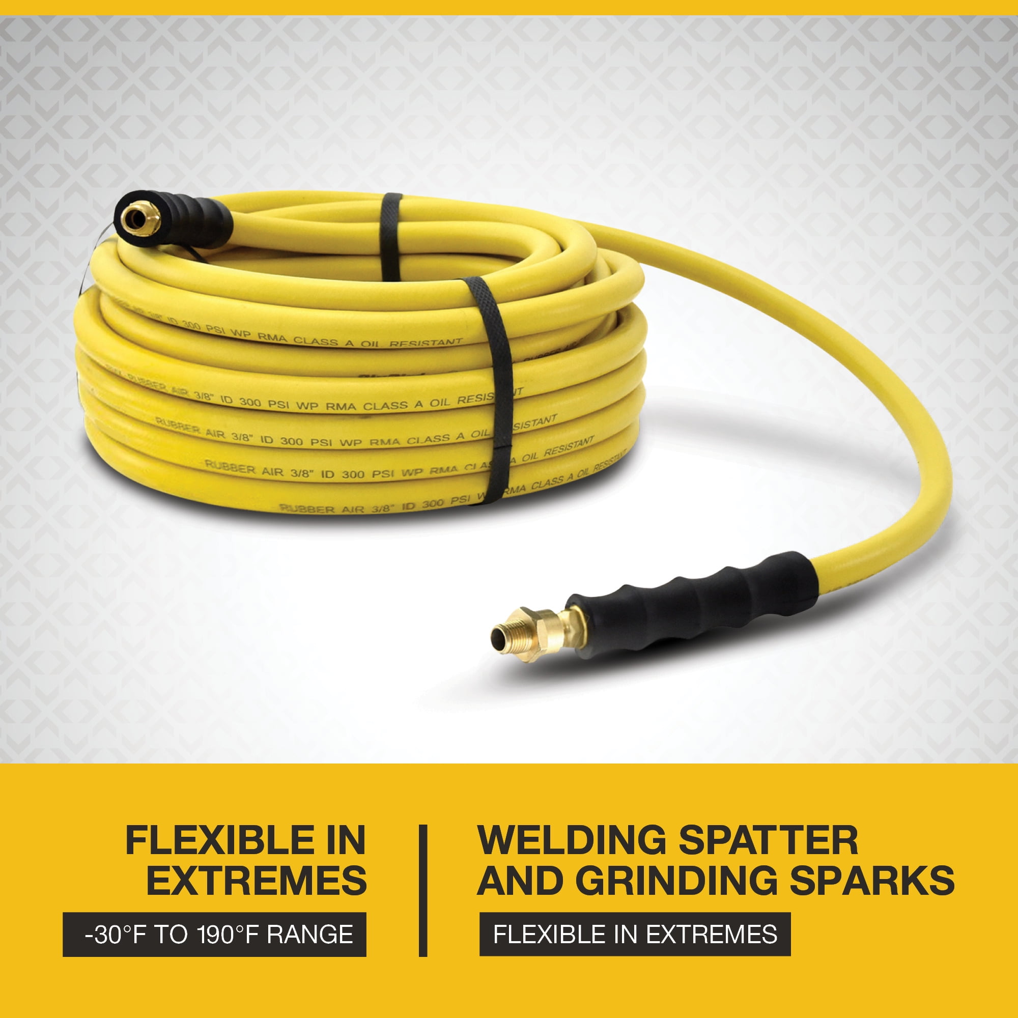 Klutch Oil-Resistant Rubber Air Hose with 3/8in.–1/4in. Reducer, 3/8in. x 50ft., 300 PSI