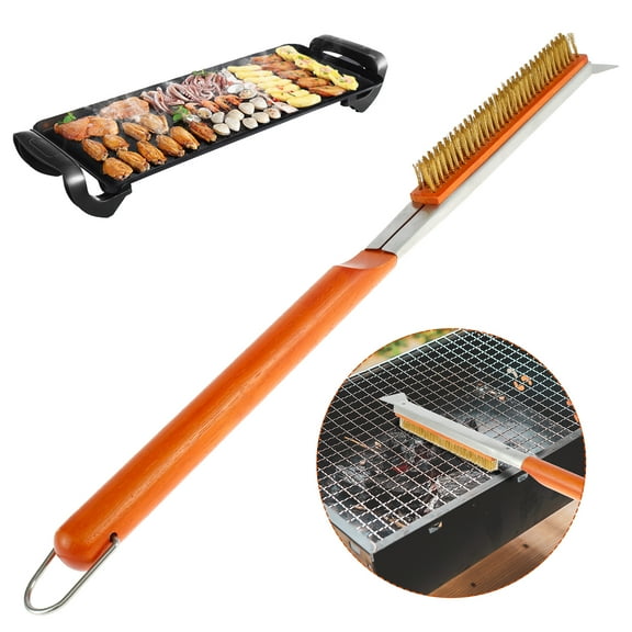 Pizza Oven Brush 21inch Portable Pizza Stone Brush with Wooden Handle Copper Wire Brush and Scraper Pizza Stone Cleaning Tool Sturdy BBQ Grill Cleaning Brush for Pizza Stone