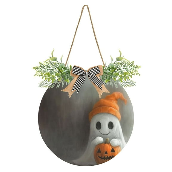 Halloween Ghosts Holding Pumpkins Front Door Porch Decoration Hanging Sign with Artificial Green Plants and Bow for Home Outdoor Indoor