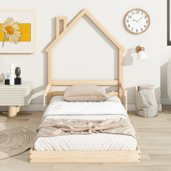 SYNGAR Twin Size Bed Frame with House-Shape Headboard, Wooden Bed Frame Twin with Guardrail for Kis and Adults, Modern Bed Frame Twin Size with 7 Wood Slat,No Box Spring Needed, Oak Color