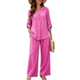 thumbnail image 6 of Cagogo Women Plus Size 2 Piece Set V Neck Long Sleeve Shirt Wide Leg Pants Casual Loose Outfits Solid Basic Matching Lounge Tracksuits Comfy Travel Airport Clothes, Hot Pink 3XL, 6 of 7