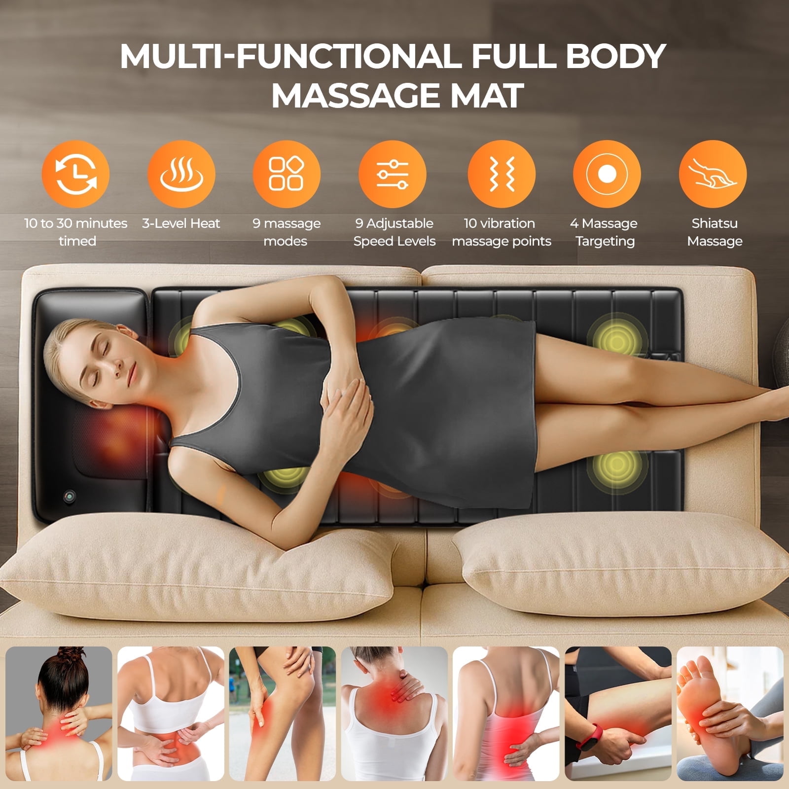 Himouta Massage Mat with Detachable Neck Massager,Vibrating Back Massager Pad with Heating for Home Office Use, Black,Gift