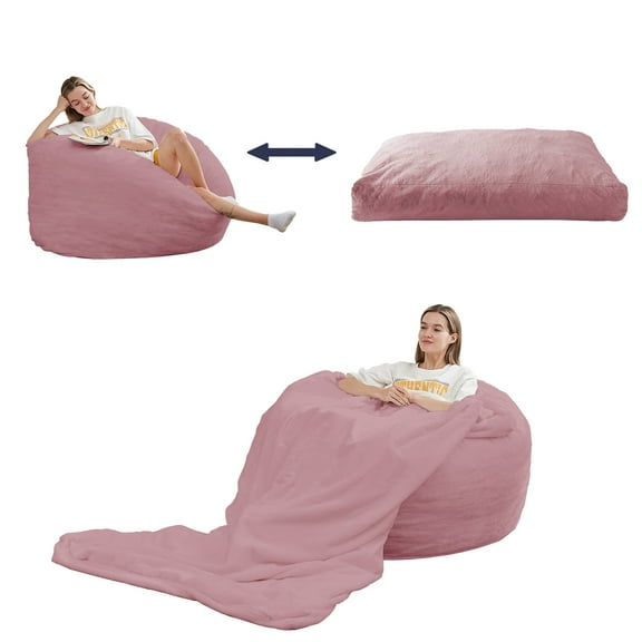 ZAFLY Giant Bean Bag Chair, Full Size Convertible Bean Bag Sofa, Faux Rabbit Fur Lazy Chair for Adults - Pink