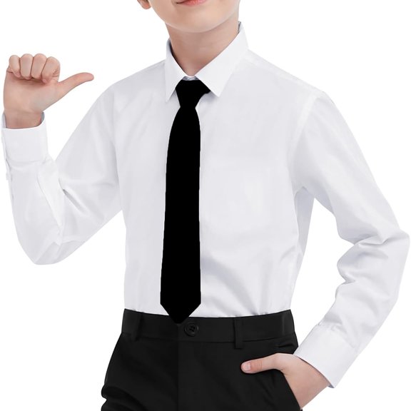 NordicNest Boys White Dress Shirt Long Sleeve Button-Down Dress Shirts with Tie Solid Stretch Free Shirt Kids Casual Button Down Shirts School Uniform