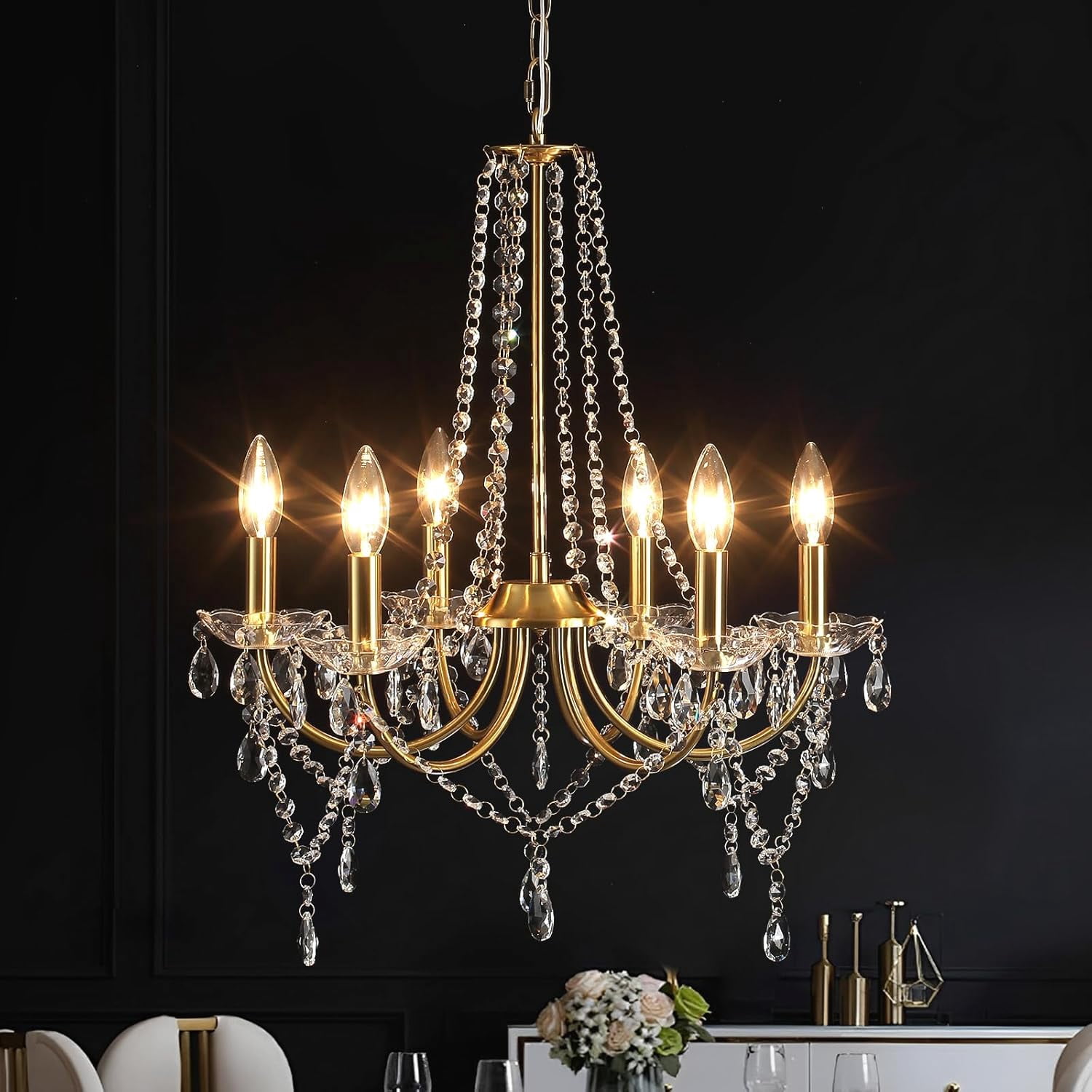 Gold Crystal Chandelier Dining Room Light Fixtures, 6-Light French ...