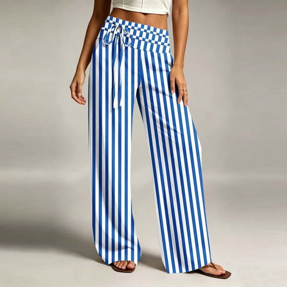 Costeam Womens Striped Wide Leg Pants Drawstring High Elastic Waist with Side Pockets Loose Fit Straight Leg Lightweight Soft Breathable Casual Long Trousers Comfy Relaxed Fit Bottoms