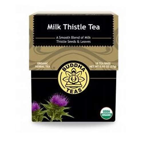 Buddha Teas Organic Milk Thistle Tea box containing 18 bleach-free tea bags. The packaging features a black and gold design with an image of milk thistle flowers and the USDA organic certification logo. This herbal tea is caffeine-free, GMO-free, and kosher, offering a smooth blend of milk thistle seeds and leaves.