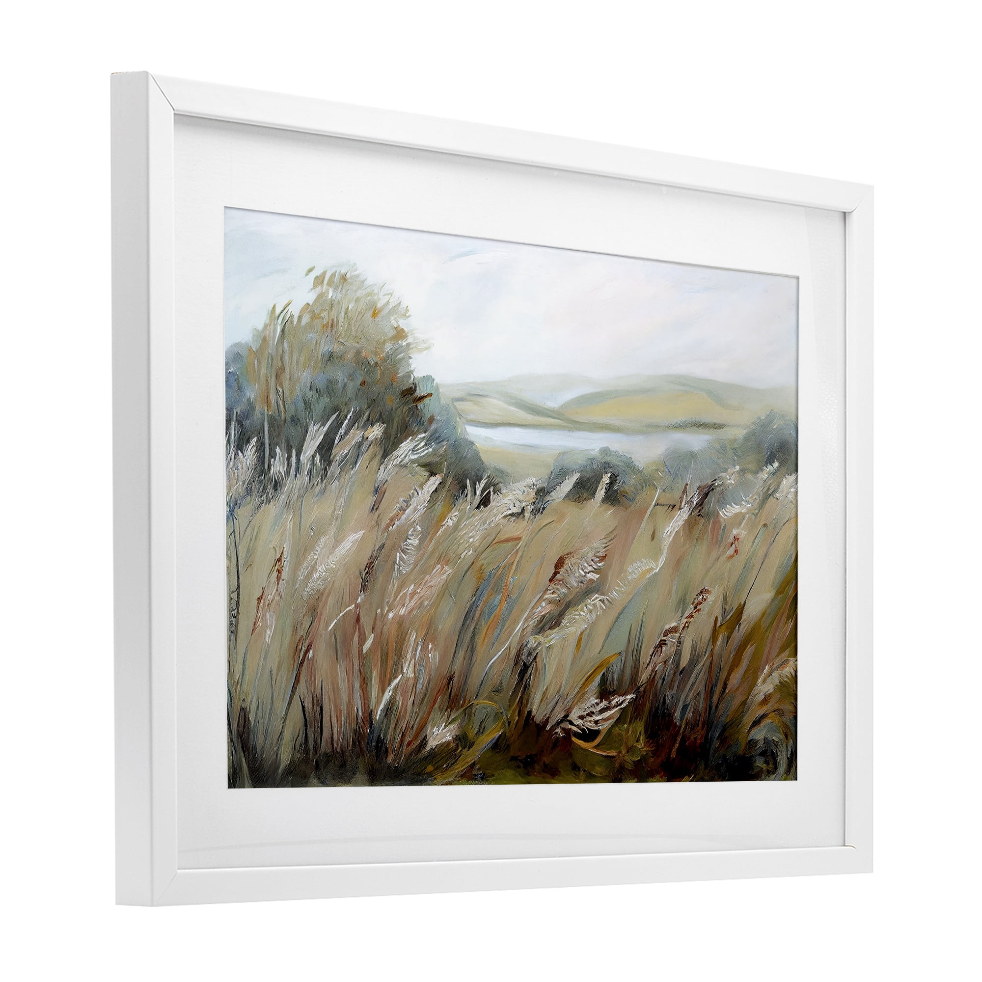 Windy Meadow Distortion White Framed Print Under Glass, design by Sasha