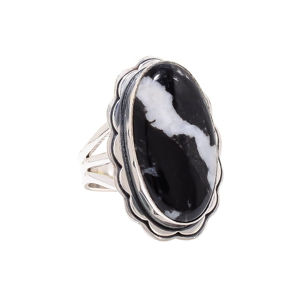 White Buffalo Turquoise - Nevada 925 Sterling Silver Ring, 25X13 mm Oval Gemstone Ring, Black & White Ring, Christmas Gift, Unique Jewelry Ring, Adjus