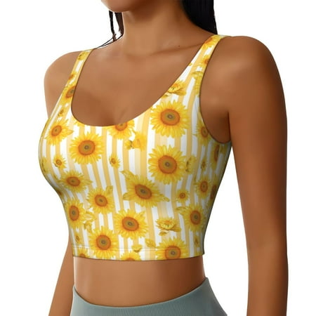 Haiem Yellow White Striped Sunflower Pattern Womens Sports Bra - U Neck Padded Low Impact Yoga Bra Workout Crop Top Gym Moisture-Wicking Workout Vest -Medium
