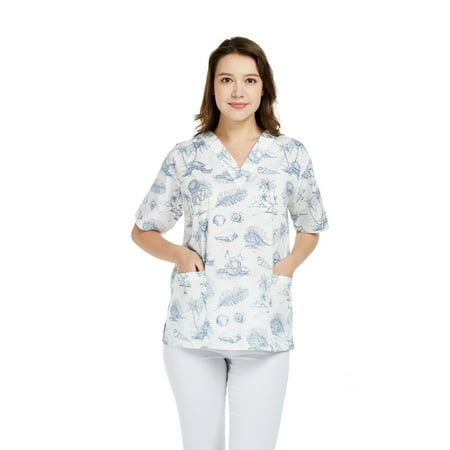 

Hawaiian Print Cotton 2 Pockets Scrub Top in Vintage Tropical Toile