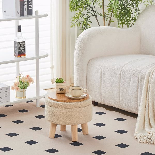 Storage Ottoman, Modern Round Footrest with Soft Padded Seat, Teddy Velvet Footstool with Wood Legs, Accent Small Table or Plant Stand for Hallway, Living Room (Off-White)