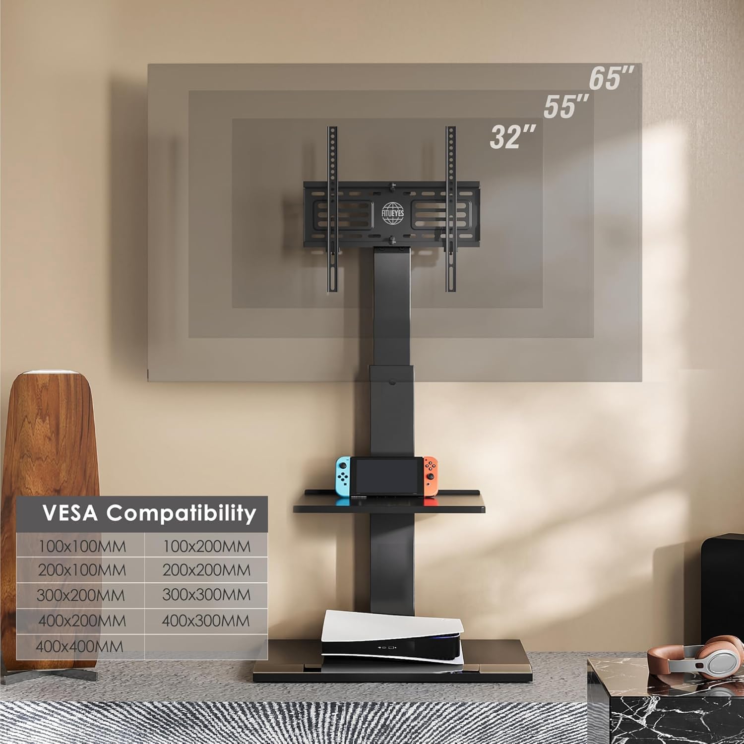 FITUEYES Floor TV Stand for 32–65 Inch TVs, Black, Swivel Mount, Height Adjustable, Iron Base