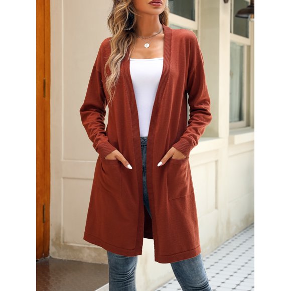 BeautyIn Cardigan en Tricot pour Femmes Long Ouvert Deux Poches