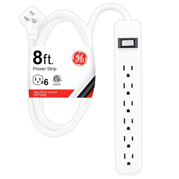 Regleta de 6 tomacorrientes GE, cable de alimentación, enchufe plano, negro