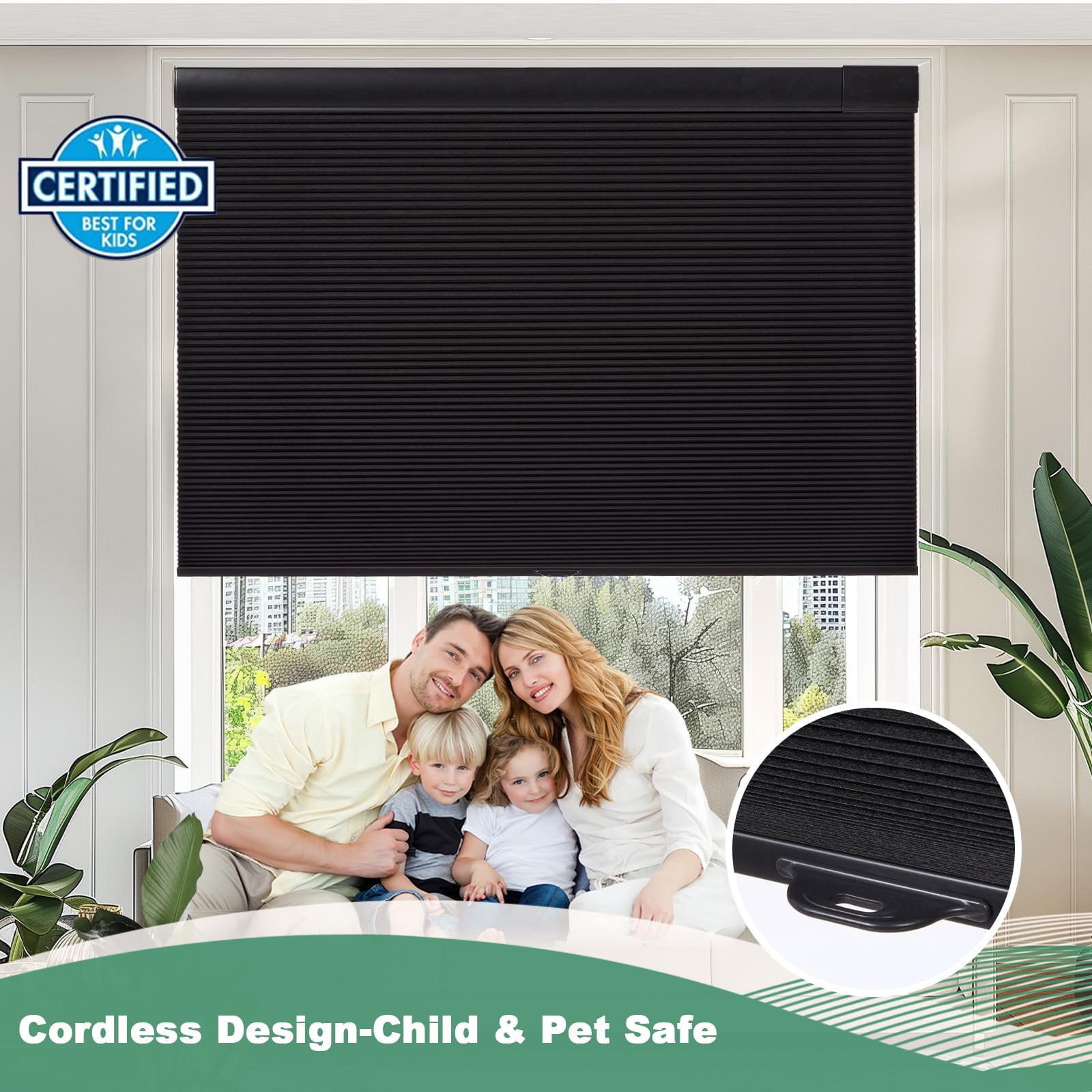 No Drill Cellular Shades For Indoor Windows  Thermal Insulating & Noise Reducing Honeycomb Blinds Free Stop Cordless Blackout Black 18 1/2" W X 64" H