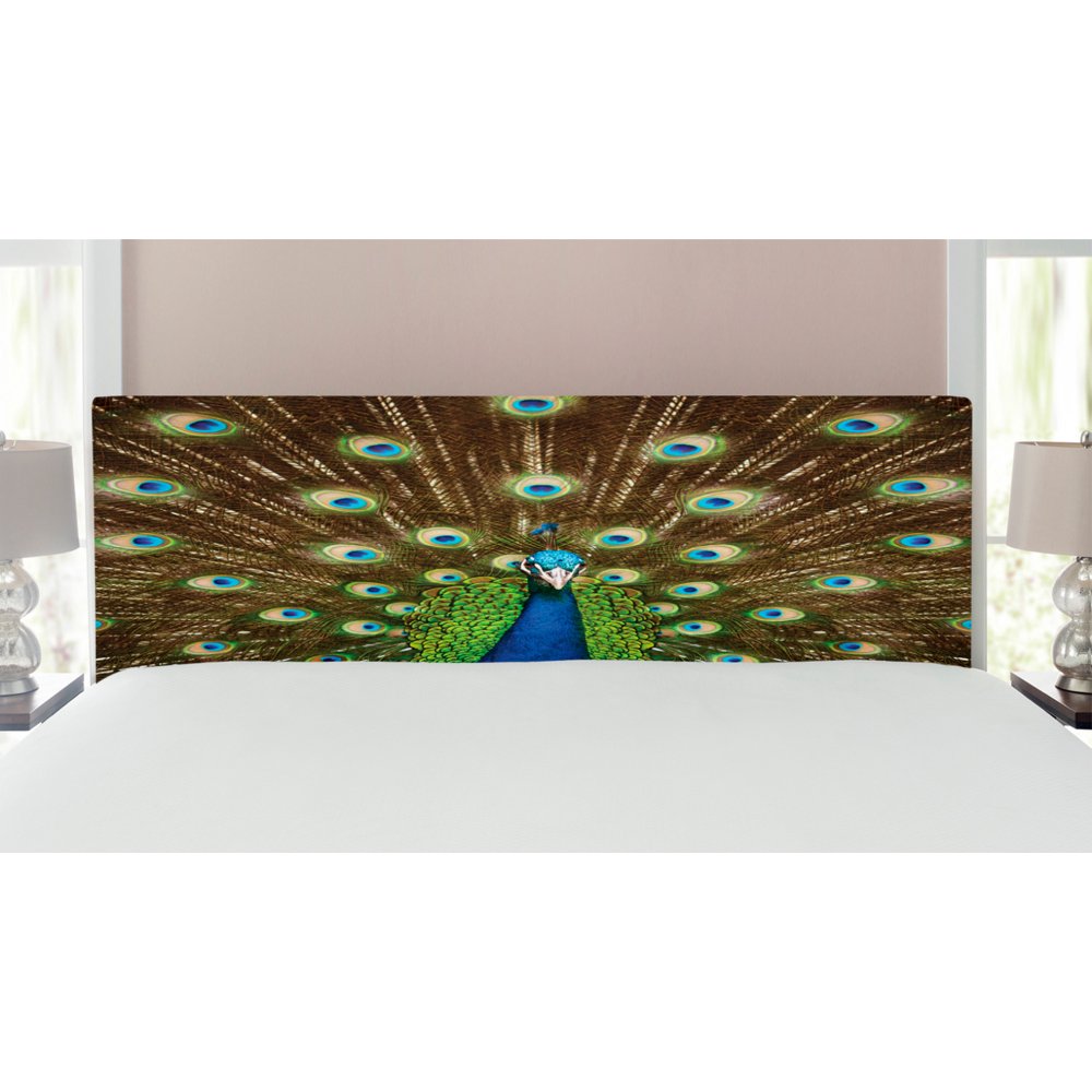 Peacock Headboard, Portrait of Animal Feathers out Vibrant Colors Birds