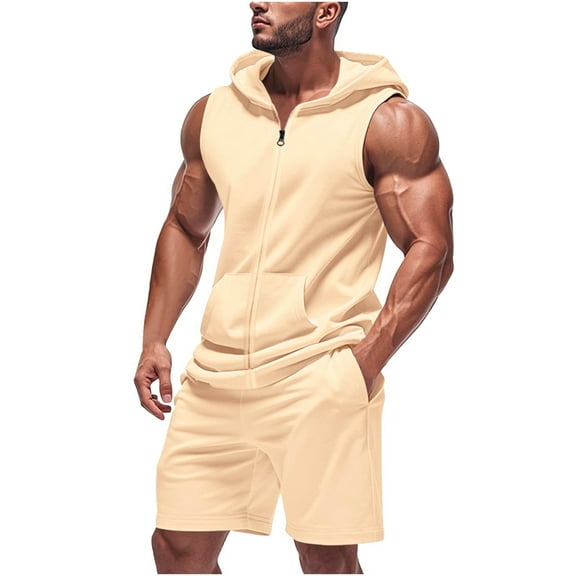 Stamzod Mens Track Suits 2 Piece Set Summer Solid Color Sleeveless Hoodie and Shorts Casual Loose Plus Size Workout Sweatsuits for Men with Zipper Beige XXXL