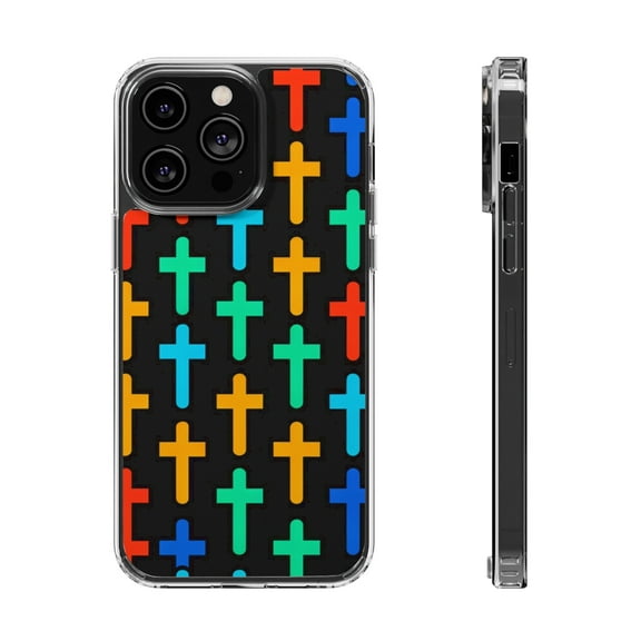 DistinctInk Hybrid (Acrylic / TPU) Clear Slim Fit Case for Apple iPhone 15 Pro (6.1" Screen) - "Vibrant Silhouettes: Bold Colored Christian Crosses"