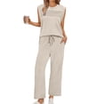 thumbnail image 4 of Two Piece Sets for Women Summer Travel Vacation Outfits Pleated Cap Sleeve Sweatsuit Side Slit Wide Leg Pants, 4 of 6