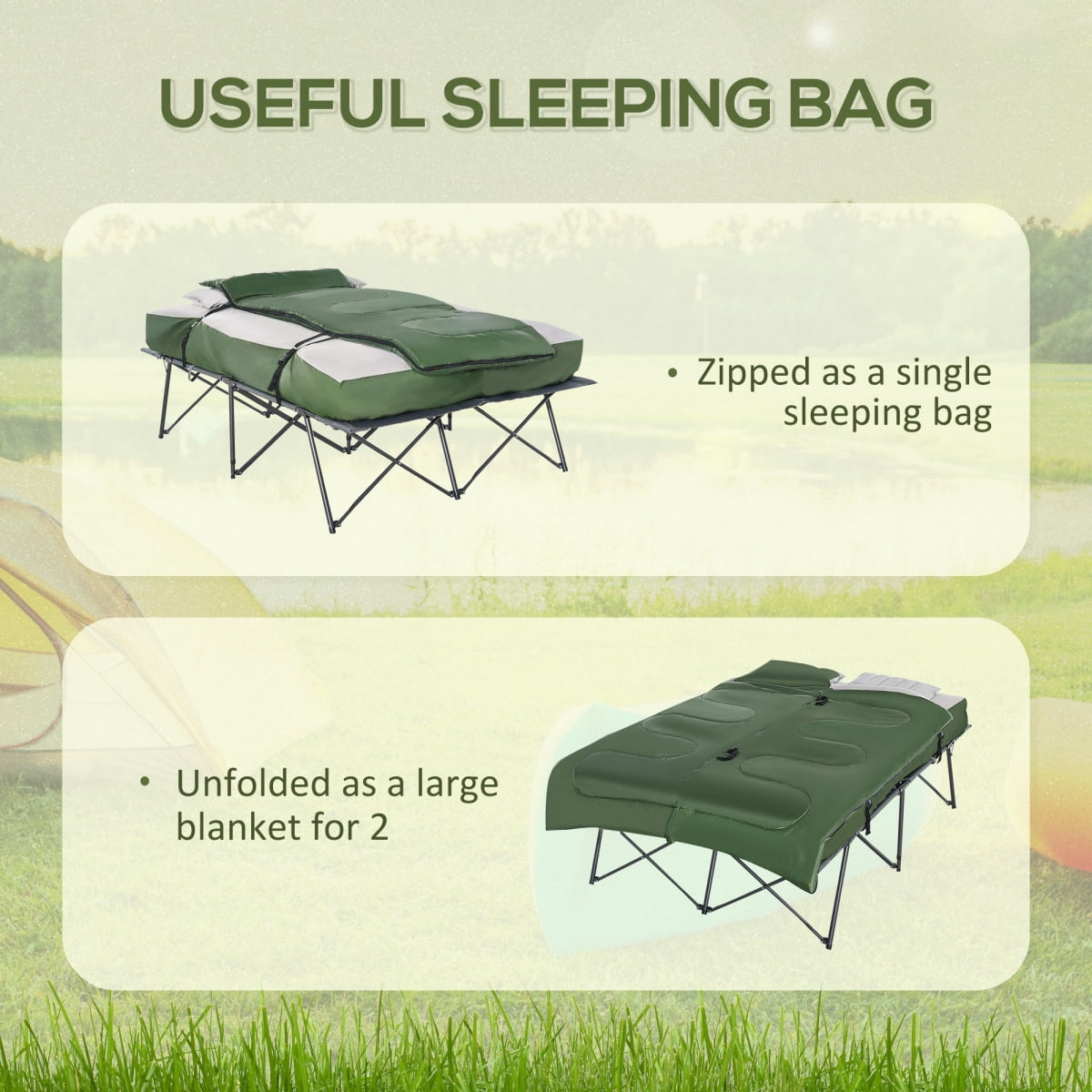 2-Person Folding Camping Cot Portable Outdoor Bed Set with Sleeping Bag, Inflatable Air Mattress, Comfort Pillows and Carry Bag, Soft and Comfortable for Outdoor Travel Camp Beach Vacation BN.8457