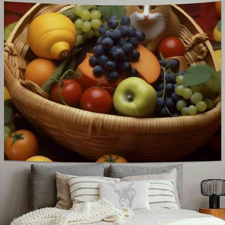 Wuche Fruits Basket Tapestry Wall Hanging Aesthetic Tapestries Lightweight Wall Wide Background Tapestry Banner Vintage Mural for Bedroom Living Room
