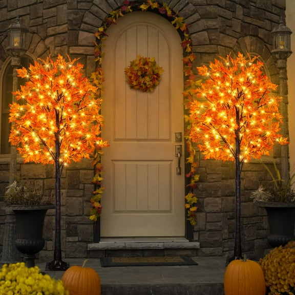 Jollup Christmas 2025 Upgrade Lighted Maple Trees Artificial Fall Trees with Lights for Indoor Outdoor Home Porch Autumn Thanksgiving Decoration 2 PC 4.92 Ft