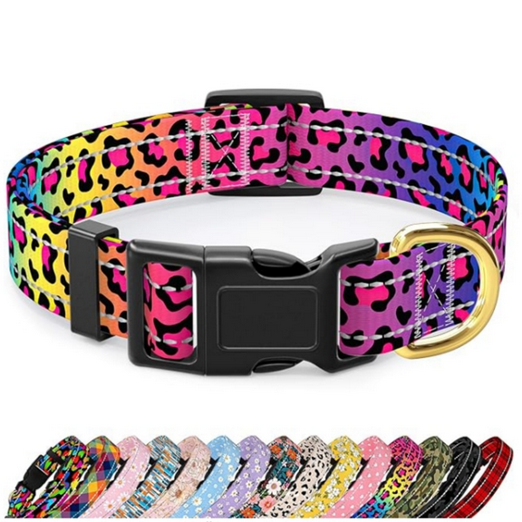 Reflective Dog Collar for Small Dogs Cats, Cute Leopard Style Adjustable Heavy-Duty Nylon Puppy Collar for Boy and Girl Female, Soft Pet Accessories with Quick Release Buckle, Neon