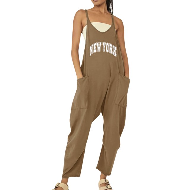 B91xZ Salopette Longue Décontractée pour Femmes, Col en V, Ample, Sans Manches, Bretelles Spaghetti Réglables, avec Poches, Marron L