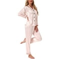 thumbnail image 4 of INSPIRE CHIC Women's Satin Pajamas Sleepwear Long Sleeve Tops with Pants Button Down Floral Lounge Sets L Pink Stripe, 4 of 4