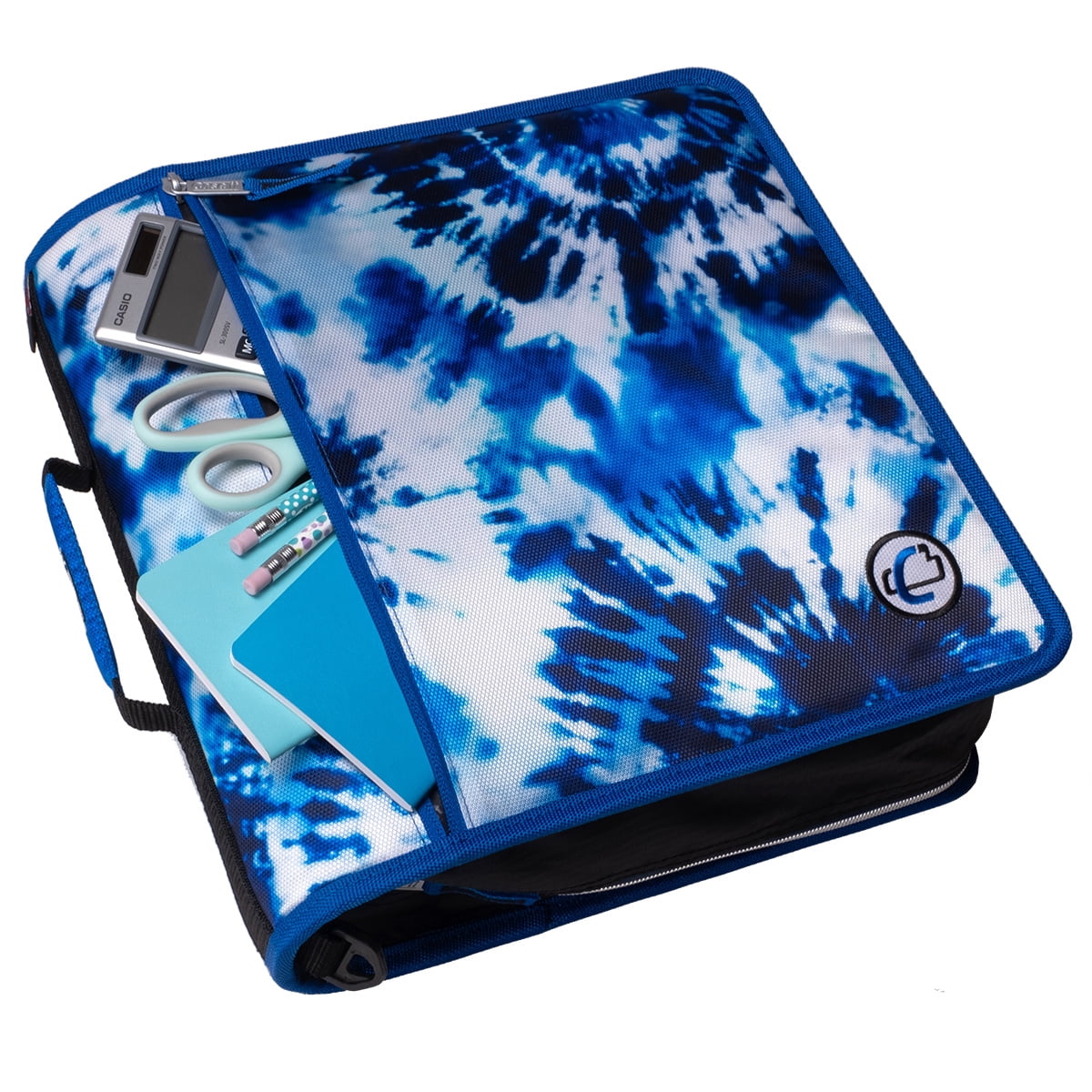 Case-It Printed Mighty Zip Tab3 ring zipper binder, 3-Inch Capacity, with 5-Tab Expanding File, Zip Mesh Pocket, Shoulder Strap, Tie Dye Spotch Blue D-146-P