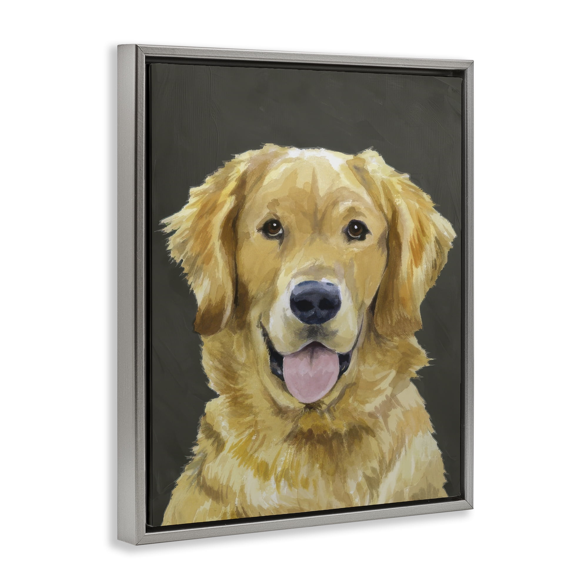 Stupell Industries Joyful Golden Retriever Portrait Gray Framed Floater Canvas Wall Art, design by Lil' Rue