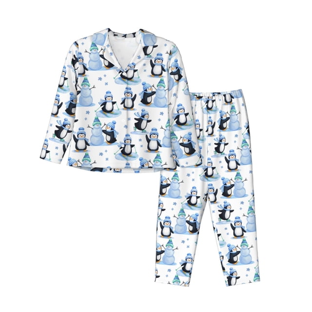 Balery Playful Penguins and Snowmen Conjunto de Pijama con Estampado para Mujer, Conjunto de Dos Piezas con Manga Larga, Ropa de Dormir Suave con Bolsillos, Pijamas Cómodos-Large