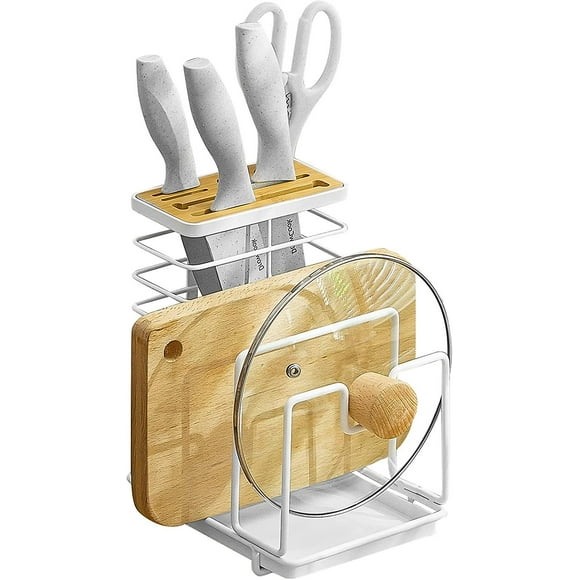 Cutting Boards Knife Organizer, 3 In 1 Kitchen Organizer Rack, Kitchen Utensils Rack Chopping Boards/knives/pot Pan Lid Storage With Drip Tray, White