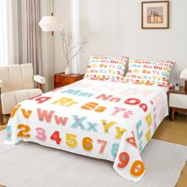 Manfei Cartoon Alphabet Full Size Sheets,Colorful Abc Bed Sheets,English Letters Sheet Sets For Girl Boys,Microfiber Bedroom Decor,4 Pieces