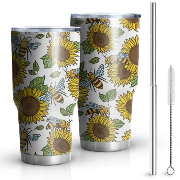 30oz White Sunflower Tumblers Stainless Steel Tumbler with Lid and Straw,Vacuum Insulated Double Wall Travel Tumbler Cups Mug with Cleaning Brush for Coffee,Tea