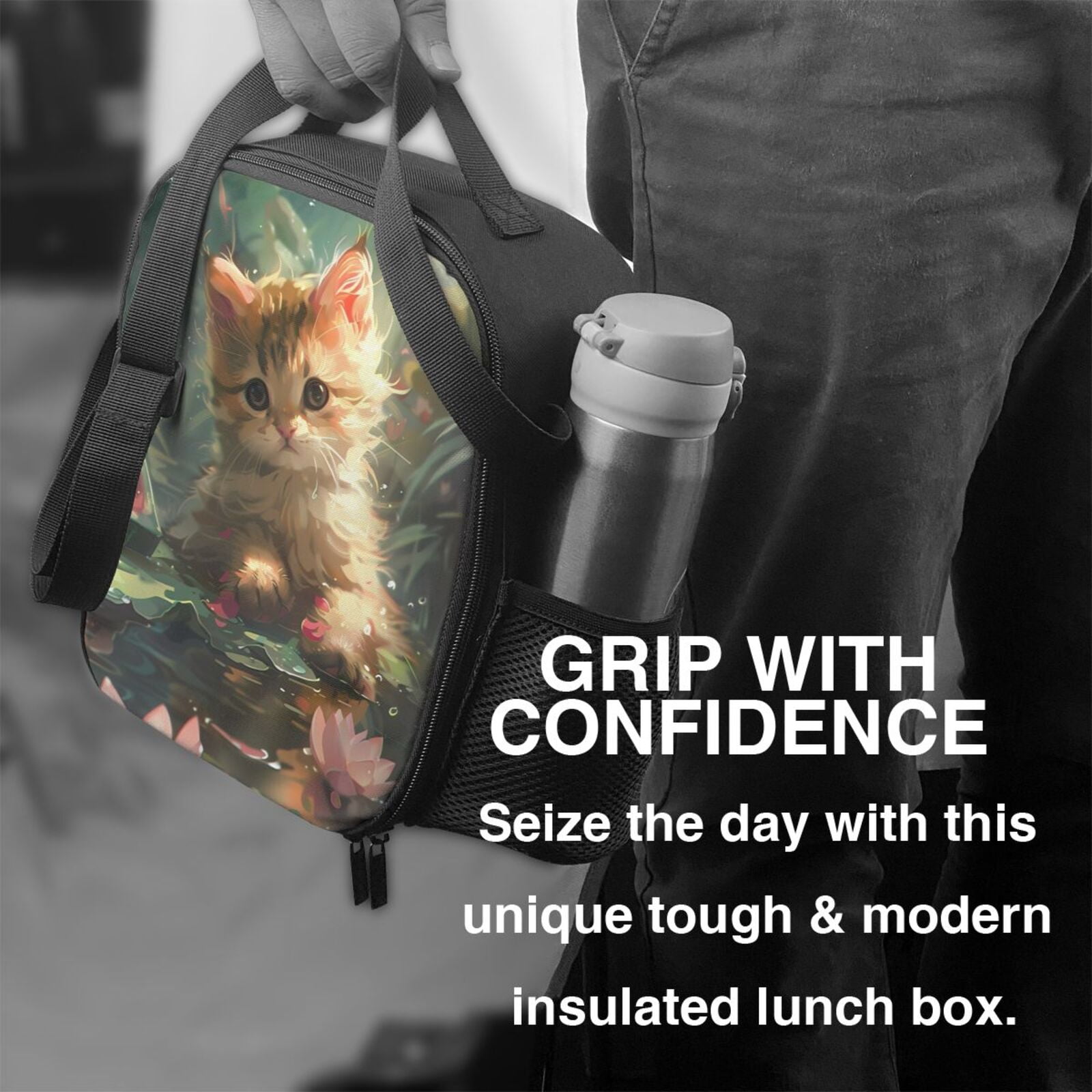 Ratiio Cute Kitten Water Lilies Print Lunch Box - Reusable Lunch Bag Men Adult Women- Insulated LunchBox
