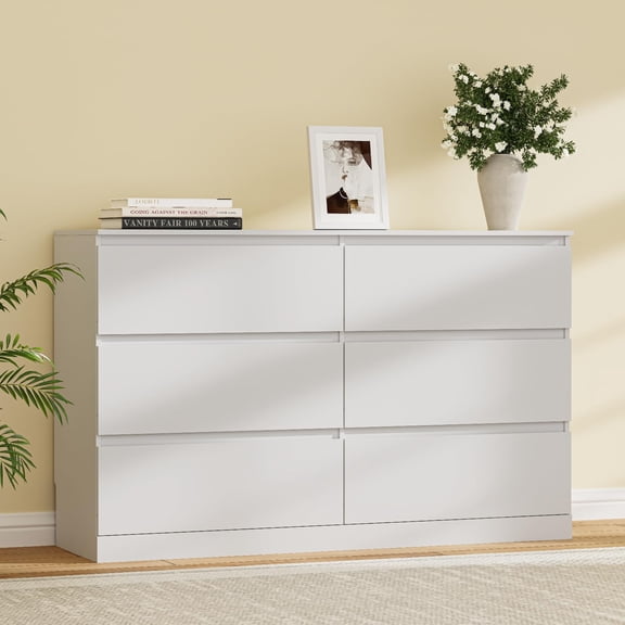 Yankun 6 Drawer Dresser, Modern Double Dresser with Hidden Drawer & Wide Storage Drawers, White