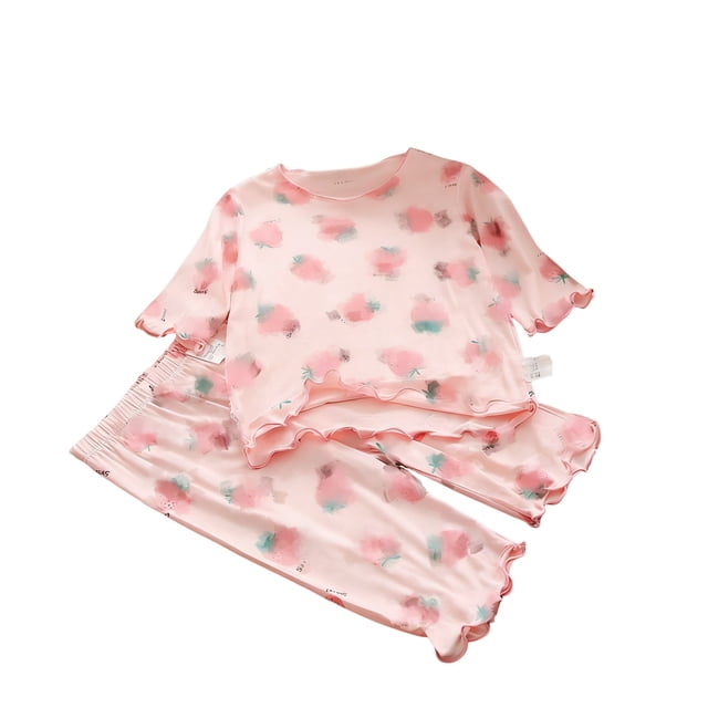 Short Sleeve Blouses Two-piece Set for Girls, Printed Sweet Ruffle Neck Ice Silk Summer Outfit for Kids