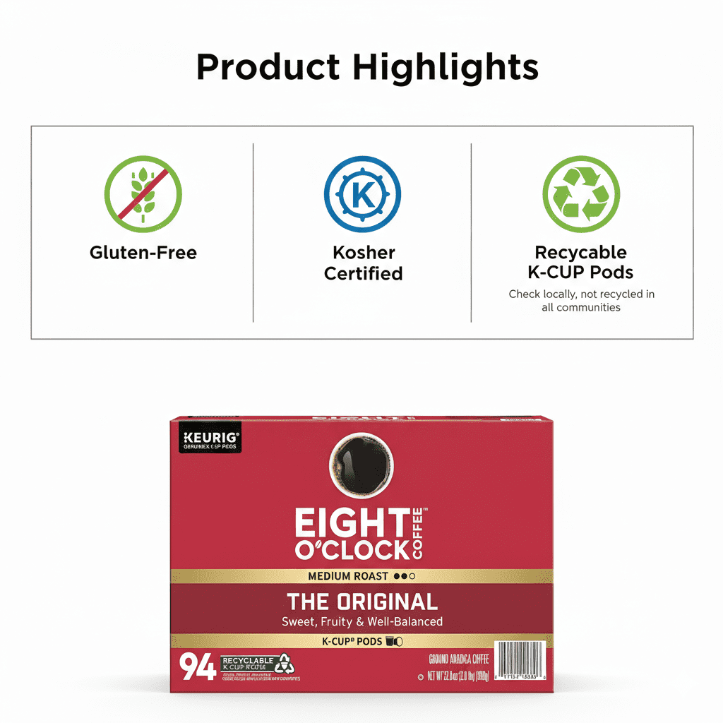 Eight O’Clock Coffee The Original, Medium Roast, 100% Arabica, Keurig K-Cup Pods, 94 Count