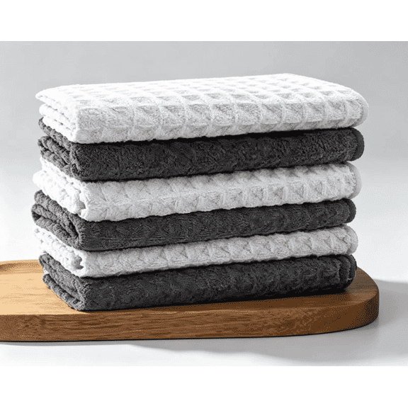 QianSai 6-Pack Microfiber Waffle Weave Kitchen Dish Cloths, 12" x 12" Ultra Absorbent Quick-Dry Towels, Lint-Free Scratch-Free Cleaning Rags for Dishes & Glass, 3 White & 3 Gray