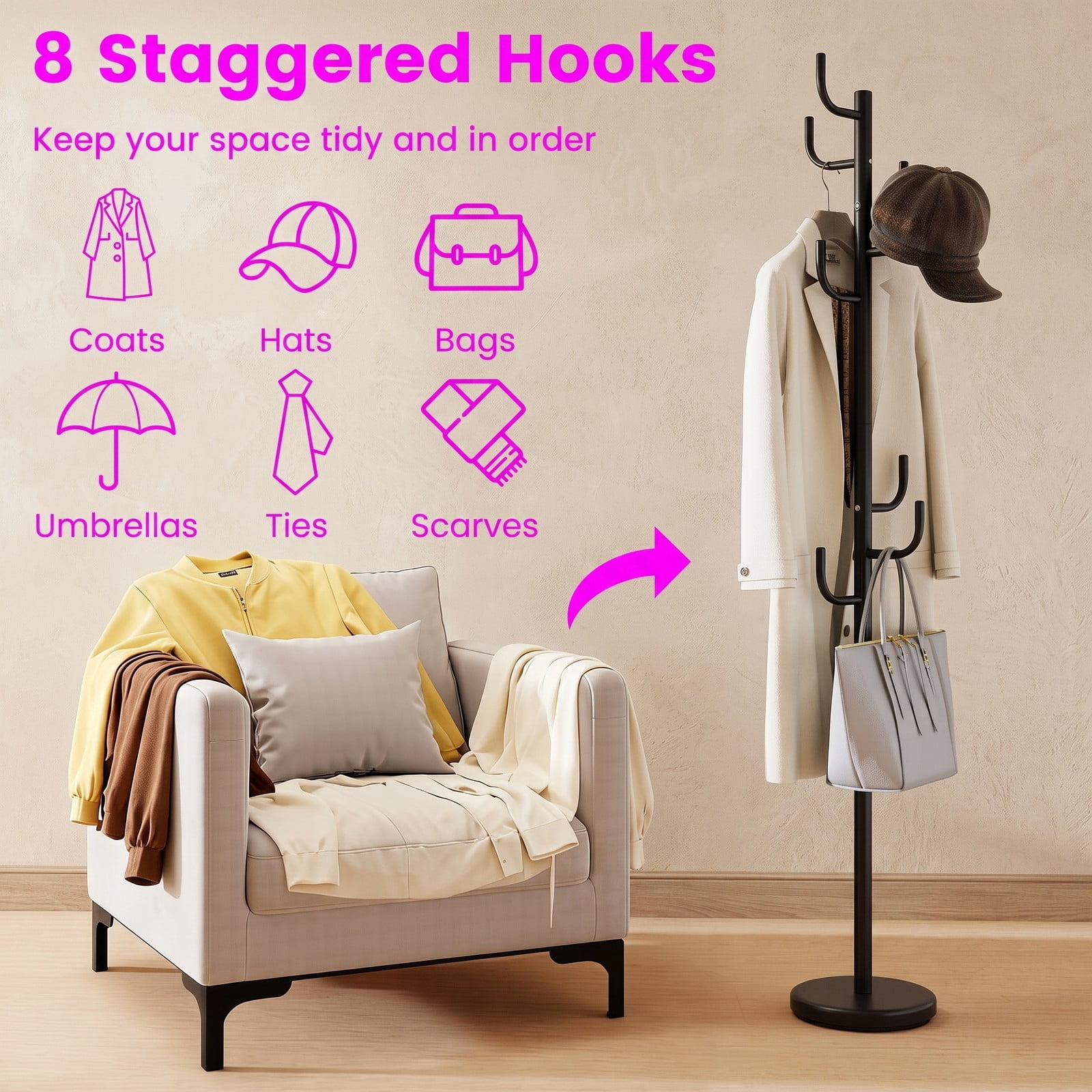 Furnibear Freestanding Coat and Hat Rack Stand with 8 Sturdy Hooks and Weighted Round Metal Base for Entryway and Bedroom, Black