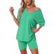 thumbnail image 1 of Pijamas para mujeres INSPIRE CHIC de 2 piezas, camiseta de cuello en V oversized, traje reversible de entrenamiento, camisetas, pantalones cortos de ciclista, conjunto de lounge XS verde, 1 of 5