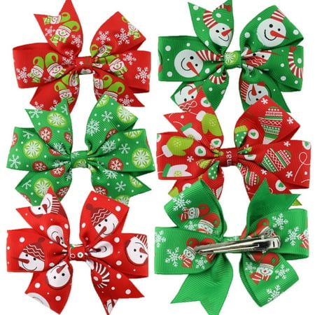6 Pieces Girl Christmas Holiday Gift Snowflake Ribbon Hair Bows Clip Girl Hairpin
